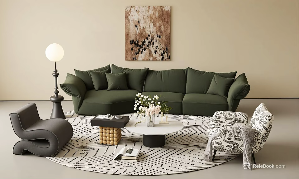 Cozy Green Sofa Coffee Table Set With Cushions White Table Vase Flowers And Round Rug 3d model 