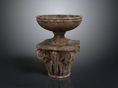 Artistic Handcrafted Stone Sculpture Bowl Design With Intricate Pedestal Carvings 3d model