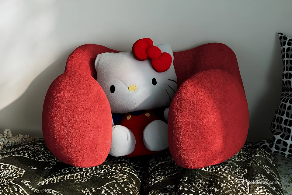 Adorable Hello Kitty Doll On Red Chair With White Body Red Bow And Patterned Cushion 3d model 