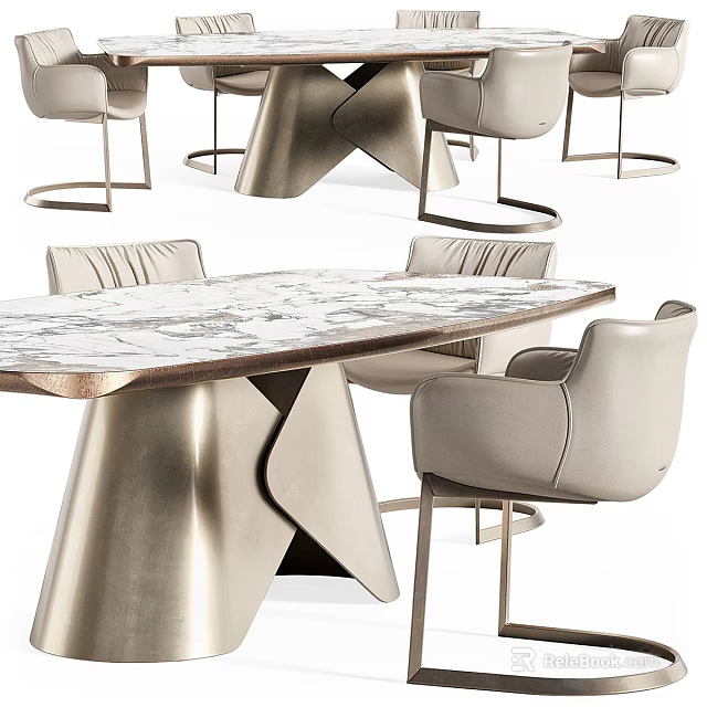 Sleek Modern Dining Table Set With Marble Top Metal Legs And Upholstered Leather Chairs 3d model 