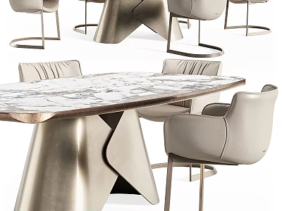 Sleek Modern Dining Table Set With Marble Top Metal Legs And Upholstered Leather Chairs 3d model