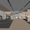 Modern Fitness Gym Interior With Wooden Ceiling Marble Wall Treadmill Dumbbells And Workout Space