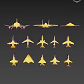Different Golden Fighter Jet Silhouettes From Various Angles And Models 3d model