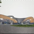 Modern Sales Office Building With Curved Roof Glass Curtain Walls And Green Lawn