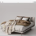 Minimalist Double Bed With Upholstered Frame Brown Comforter Patterned Blanket And Pillows 3d model