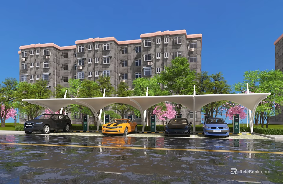 Outdoor Parking Canopy with Cars Parked Under Green Trees and Pink Flowers Near Residential Building 3d model 