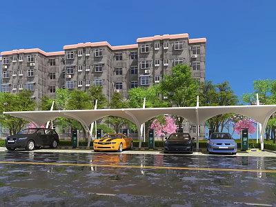 Outdoor Parking Canopy with Cars Parked Under Green Trees and Pink Flowers Near Residential Building 3d model