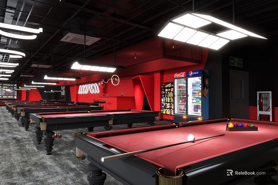 Billiard Room Interior With Red Walls Pool Tables And Beverage Fridge 3d model 