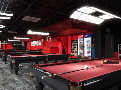 Billiard Room Interior With Red Walls Pool Tables And Beverage Fridge 3d model