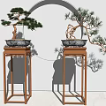 Two Pine Bonsai Trees On Elevated Wooden Stands With Round Decorative Mirror 3d model