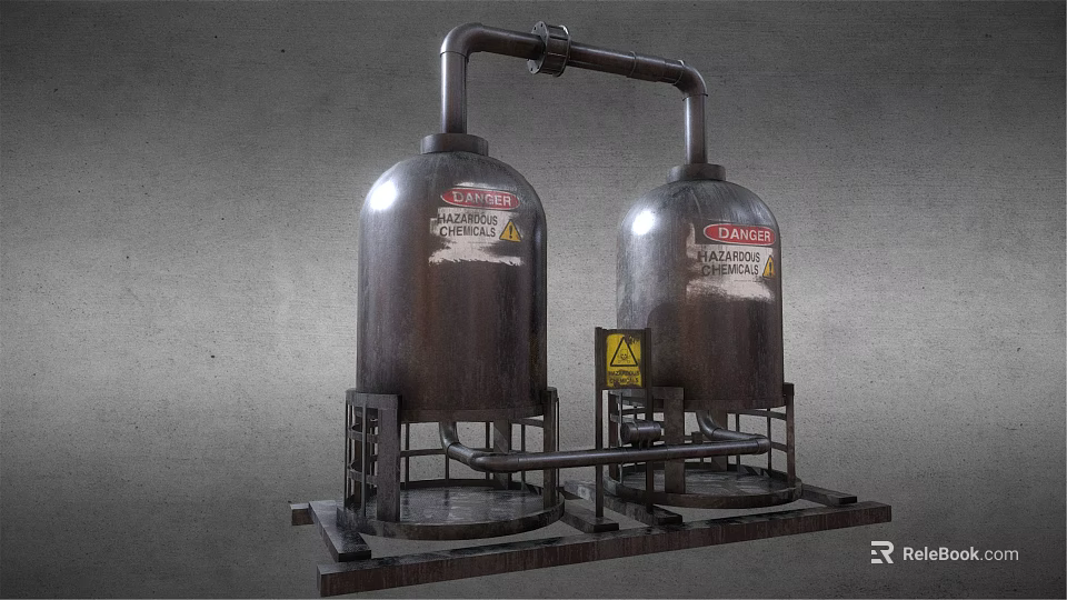 Industrial Metal Storage Tanks With Hazardous Materials Labels And Warning Signs 3d model 
