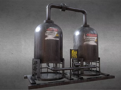 Industrial Metal Storage Tanks With Hazardous Materials Labels And Warning Signs 3d model