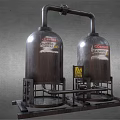 Industrial Metal Storage Tanks With Hazardous Materials Labels And Warning Signs
