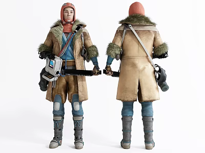Game Movie Character With Fur Lined Coat Red Scarf And Backpack Gear 3d model
