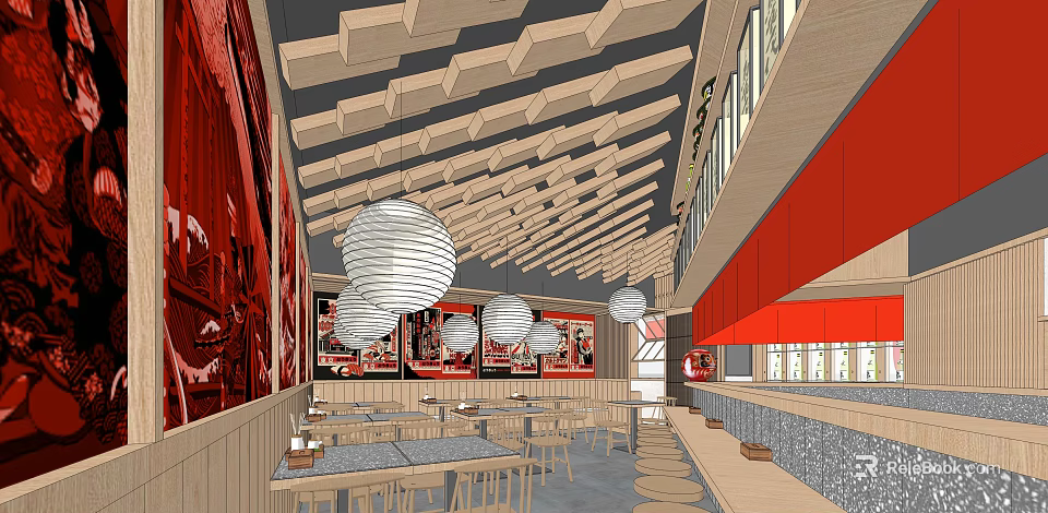 Modern Restaurant Interior Featuring Wooden Ceiling White Lantern Lights Red Walls And Tables 3d model 