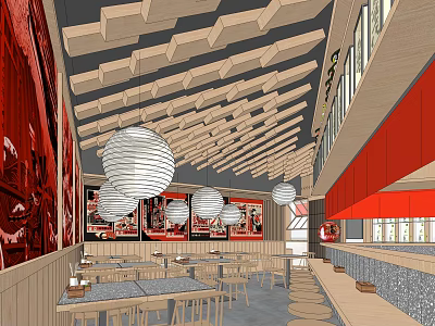 Modern Restaurant Interior Featuring Wooden Ceiling White Lantern Lights Red Walls And Tables 3d model