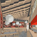 Modern Restaurant Interior Featuring Wooden Ceiling White Lantern Lights Red Walls And Tables