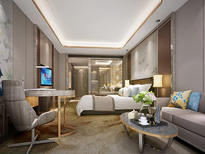 Modern Luxurious Hotel Room Interior Design With Bed TV Sofa And Coffee Table 3d model
