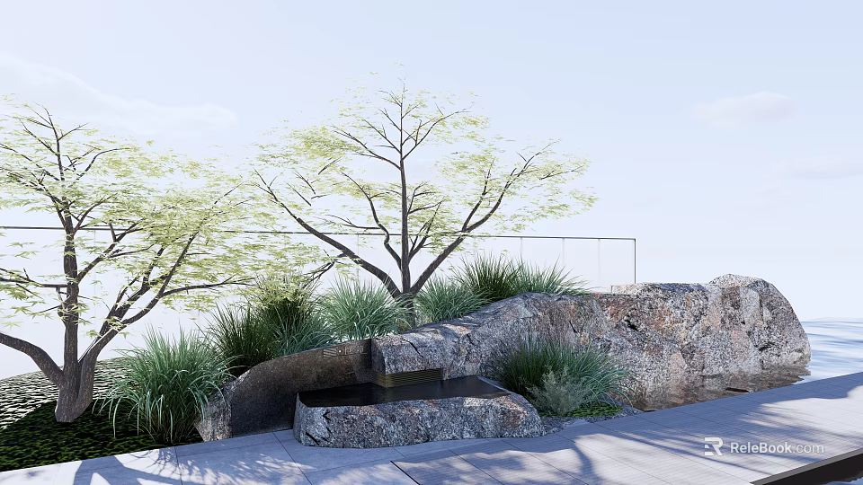 Natural Garden Ornament With Rock Structure Water Basin Tree And Green Plants 3d model 