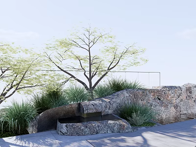 Natural Garden Ornament With Rock Structure Water Basin Tree And Green Plants 3d model