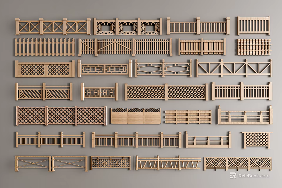 Collection Of Various Wooden Railing Designs With Different Patterns And Styles 3d model