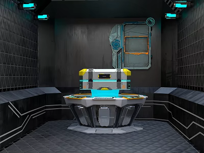 Sci-Fi Room With Central Console Blue Screen Black Textured Walls Blue Lighting And Wall 3d model