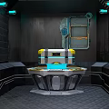 Sci-Fi Room With Central Console Blue Screen Black Textured Walls Blue Lighting And Wall