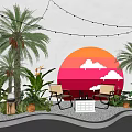 Outdoor Lounge Area Featuring Palm Trees String Lights And Circular Gradient Backdrop 3d model