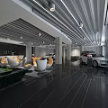 Modern Car Showroom Display With Luxury Cars Glass Walls Hanging Lights And Shiny Floors