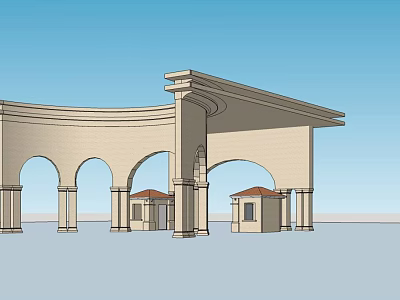 Beige Arched Entrance Gate With Columns Canopy Roof And Guard Houses 3d model