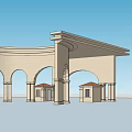 Beige Arched Entrance Gate With Columns Canopy Roof And Guard Houses