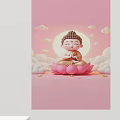 Abstract Painting of Little Buddha Figure on Pink Lotus with Clouds and Moon