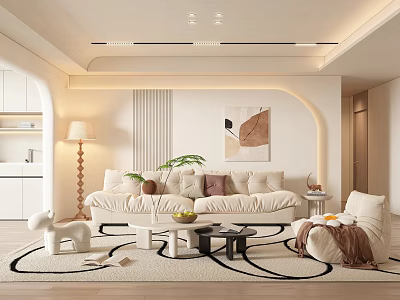 Modern Living Room Interior With White Sofa Coffee Tables Green Plant Floor Lamp And Decorative Painting 3d model