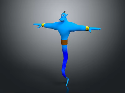 Blue Genie Character 3D Render With Outstretched Arms Yellow Wristbands Brown Belt And Standing Pose 3d model