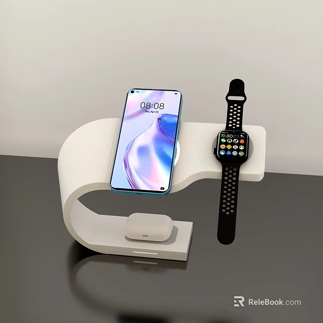 Modern Smartphone and Smartwatch on Wireless Charging Stand with Digital 3d model 