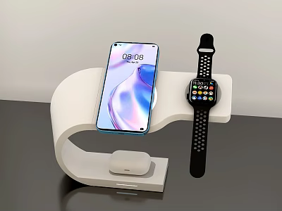 Modern Smartphone and Smartwatch on Wireless Charging Stand with Digital 3d model