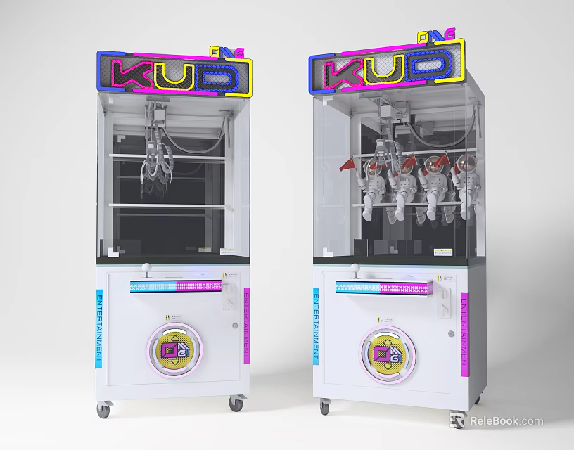 Two Colorful Claw Machine Amusement Equipment With Stuffed Toys Control Buttons And Wheels 3d model 
