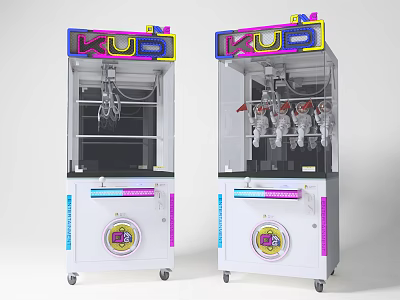 Two Colorful Claw Machine Amusement Equipment With Stuffed Toys Control Buttons And Wheels 3d model