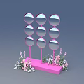 Pink Pillars With Round Mirrors And Pink Base Photo Spot With Flowers And Blue Sky