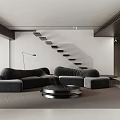 Modern Living Room Interior With Black Modular Sofas Round Coffee Table And Floating Staircase 3d model