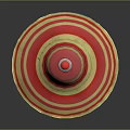 Red And Gold Striped Decorative Weapon With Spinning Top Structure And Metallic Accents