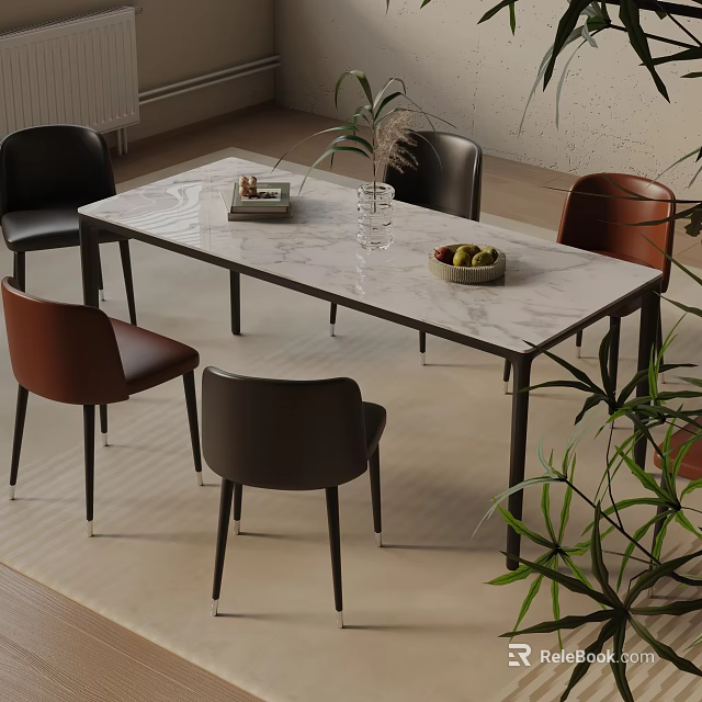 Modern Dining Table Set With Marble Top Black Brown Chairs And Decorative Vase Fruit Bowl 3d model 