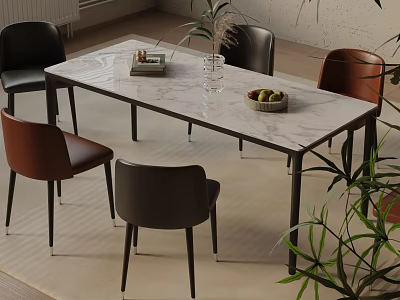 Modern Dining Table Set With Marble Top Black Brown Chairs And Decorative Vase Fruit Bowl 3d model