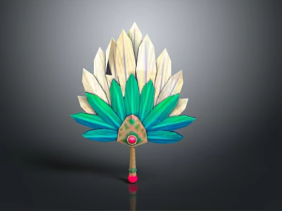 Colorful Feather Fan Design With Green White Feathers Red Handle And Central Gem 3d model