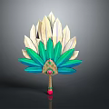Colorful Feather Fan Design With Green White Feathers Red Handle And Central Gem