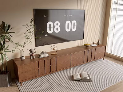 Modern Wooden TV Stand With Decorative Items Plants Fruit Tray And Striped Rug 3d model