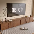 Modern Wooden TV Stand With Decorative Items Plants Fruit Tray And Striped Rug