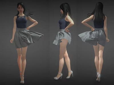 Woman wearing dark blue sleeveless top gray flowing skirt and high heels in three views 3d model
