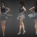 Woman wearing dark blue sleeveless top gray flowing skirt and high heels in three views