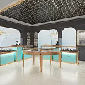 Jewelry Store Interior With Gold Patterned Ceiling Arched Windows Blue Display Cases And Round Showcase 3d model
